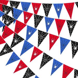 lot 10151 image: Gilprop 49.2 Ft  60 Pieces Spider Web Party Decorations Pennant Banner Triangle Flags Garland Bunting Banner for Birthday Gender Reveal Wedding Baby Shower Decor Supplies (Red Blue Black)
