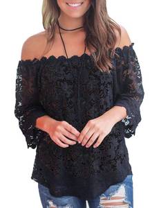lot 10165 image: MIHOLL Womenfts Lace Off Shoulder Tops Casual Loose Blouse Shirts (Black, X-Large)