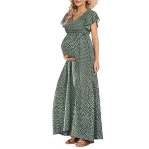 lot 10197 image: guruixu V Neck Floral Maternity Dress for Photoshoot Baby Shower, Flutter Sleeve Fall Boho Causal Smocked Pregnancy Dress Green