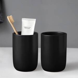 lot 11469 image: Matte Black Toothbrush Holders for Bathrooms - 2 Cups Ceramic Toothbrush Toothpaste Holders Set, Black Bathroom Tumbler Cups Reusable Toothbrush Cup Black Mouthwash Cup, Bathroom Counter Organizer (Slightly Used) (One Big Organizer Not Two)