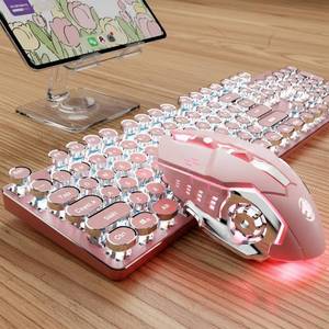 lot 11471 image: EWEADN TK950 Retro Typewriter Mechanical Keyboard and Mouse Combo, 104-Key Wireless Bluetooth2.4GWired Gaming Keyboard, White Backlit, Clicky Blue Switch, Round Keycaps for MacPCLaptop-Pink
