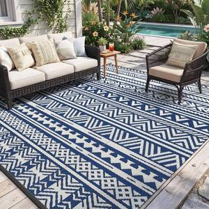 lot 11486 image: MontVoo-Outdoor Rug Carpet Waterproof 5x8 ft Reversible Patio Rug RV Camping Rug-Plastic Straw Rug Outside Indoor Outdoor Area Rug for Patio Deck Balcony Picnic Beach Outdoor Decor Boho Navy Blue