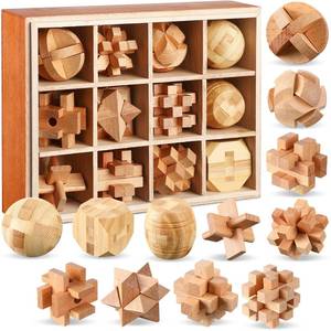 lot 11489 image: Yilloog 12 Pcs Wooden Brain Teaser Puzzles Set, Educational Games 3D Wooden Puzzle, Logic IQ Mind Challenging Puzzles for Adults Kids Christmas Birthday Gifts (Used)