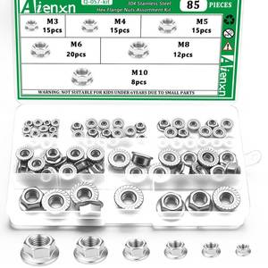 lot 12109 image: Aienxn 85PCS 6 Metric Sizes 304 Stainless Steel Hex Flange Nuts Assortment Kit-M3 M4 M5 M6 M8 M10