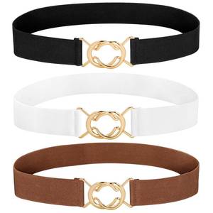 lot 12118 image: macoking Womens Stretch Elastic Belt - Gold Buckle Adjustable Waist Belt for Dresses Skirts, BlackandWhiteandCoffee, S