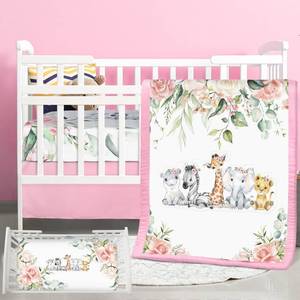 lot 12141 image: Hahafelt 3 Pcs Baby Crib Bedding Set Safari Animals Dinosaurs Bear Woodland Animals Jungle Crib Set Includes Quilt, Fitted Sheet, Skirt for Baby Boy Girl(Pink,Safari)