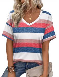 lot 12142 image: Zeagoo Womenfts Striped Shirts for Women Dressy Casual Short Sleeve V Neck Tunic Tops for Leggings Red Blue S