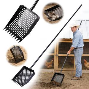 lot 13612 image: Large Chicken Poop Scooper and Rake 2-in-1, Heavy Duty Metal Pooper Scooper with 43in to 90in Adjustable Stainless Steel Handle, Sand Sifting Shovel for Chicken Coops and Farm Animals Little Scoop