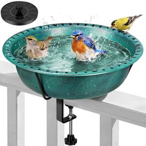 lot 13621 image: VIVOHOME Deck Mounted Bird Bath with Solar Fountain, Outdoor ABS Birdbath Bowl with Adjustable Metal Clamp, Solar Powered Pump for Railing, Fence, Balcony, 1.45 Gallons, Green