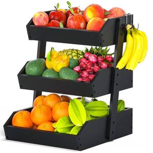 lot 13622 image: Gmtsl Bamboo Fruit Basket for Kitchen � 3 Tier Fruit Bowl For Kitchen Counter, Large Fruit Holder With 2 Banana Hangers, Idea For Fruit and Vegetable Storage, Bread Basket, Snack Organizer(BLACK)