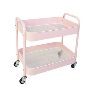 lot 13627 image: LIWNYRK 2 Tier Pink Rolling Cart with Wheels for Under Desk Storage, Large Capacity Rolling Pantry and Kitchen Storage Cart for Small Space, Sturdy Metal Bathroom Shelf Laundry Room Organization