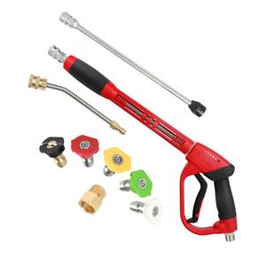 lot 13634 image: CHAVOR Upgraded Pressure Washer Gun with Extension Replacement Wand, M22 Fitting,7 Inch 30 Degree Curved Rod, 5 Nozzle Tips, 5000 PSI, 47 Inch