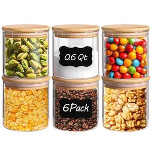 lot 13638 image: ComSaf Airtight Glass Food Storage Jars Set of 6, 0.6 Qt Clear Glass Food Storage Container with Sealing Wooden Lid, Stackable Spice Jar, Round Kitchen Canister for Sugar, Tea, Coffee bean, Pasta, Oat