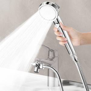 lot 14002 image: HOWUWEY Sink Hose Attachment for Faucet with 5 Adapters, Tub Faucet Sprayer Attachment, 3 Spray Modes Shower Head with ONOFF Button, Filtered Shower Sprayer (Chrome)