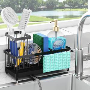 lot 14020 image: Godboat Sponge Holder for Kitchen Sink - Stainless Steel Sink Caddy Organizer with Towel and Brush Rack, Auto-Drain and 360° Swivel Spout, Bathroom Organizer for Soap Dispenser, Black (9.25in W X 4.1in D)