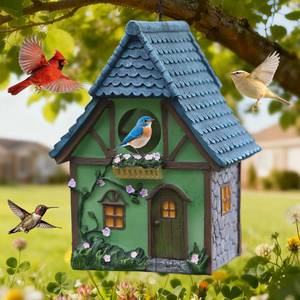lot 14046 image: Bird Houses for Outside Cottage Garden Birdhouse �Green Resin Birdhouses for Outdoors with Flower and Stone Details for Bluebird Finches Cardinals Bird Nesting Garden, Patio, Yard