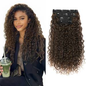 lot 14058 image: Clip in Hair Extensions, FLUFYMOOZ 4PC 100 Pure Protein Silk Hair Extensions Long Soft Natural Hairpiece 16 Inch Curly Hair Extension for Women (Dark Almond brown with copper)