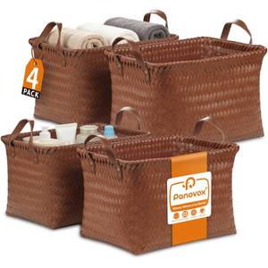 lot 15521 image: Panovox Hand Woven Baskets for Storage, 4Pcs Water-Resistant Wicker Baskets, Brown Wicker Storage Baskets for Shelves, Large Basket with Handle for Organizing, Clothes, Laundry, Blanket - Rectangular