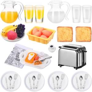 lot 18227 image: 44 Pieces 112 Dollhouse Miniature Breakfast Kitchen Accessories Mini Toast Machine Bread Juice Milk Eggs Cups Fruits Plates Knife Fork Spoons for Dollhouse Kitchen Scene and Cake Topper Decor