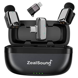 lot 18230 image: ZealSound Mini Wireless Lavalier Microphone for iPhone iPad Android, Dual Channel Wireless Microphones with Noise Cancellation, Mute and Volume Control, 33H Battery Case, USB-C and Lightning Plug and Play