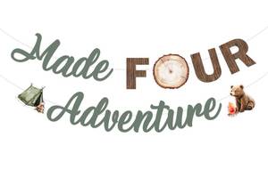 lot 18261 image: Jollyboom Made Four Adventure Birthday Decorations, Camping 4th Birthday Party Decor Banner for Smore Woodland Happy Camper Adventure Awaits Camping Time 4 Year Old Bday Decorations