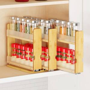lot 18270 image: SpaceAid Bamboo Pull Out Spice Rack Organizer for Cabinet, Heavy Duty Slide Out Seasoning Kitchen Pantry Sliding Vertical Organization, 7.6in Wide, 3 Drawers(2in Wide), 2-Tier, Natural