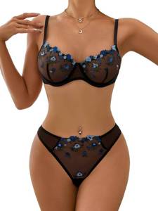lot 18278 image: Lilosy Women Sexy Floral Embroidered Mesh Sheer Underwire Push Up Lingerie Set See Through Bra and Panty 2 Piece Black and Blue Large