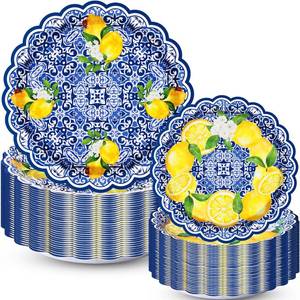 lot 18287 image: Vesici 100 Pack Capri Lemon Paper Plates Set 9 in 7 in Blue Tiles Yellow Lemon Plates Disposable Italian Amalfi Coast Party Decorations for Birthday Wedding Engagement Party Supplies, Serve 50 Guest