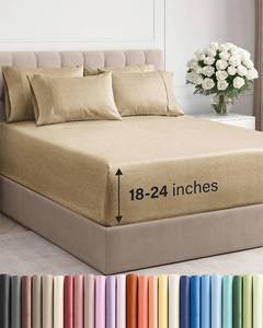 lot 18310 image: Extra Deep King Sheet Set - 6 Piece Breathable and Cooling Sheets - Hotel Luxury Bedding for Women, Men, Kids and Teens - Easy and Secure Fit - Soft and Wrinkle Free - Extra Deep Pockets - Heathered Tan