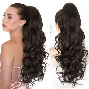 lot 18317 image: ALXNAN Ponytail Extension,24 Inch Claw Clip in Long Curly Wavy Black Brown Ponytail Hair Extension Jaw Clip on Pony Tails Hairpiece for Women
