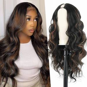 lot 18319 image: Mayouda Long V Part Body Wavy Wig With Black With Highlight Brown Upgrade U Part Synthetic Water Wavy Wigs for Black Women Full Head Clip In Hair Glueless Synthetic Wigs (Black Mix Brown)