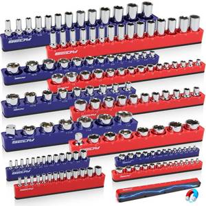 lot 18329 image: (missing 4pcs)12-Piece 14in 38in 12in-Drive SAE and Metric Magnetic Socket Organizer Set (Holds 143 Sockets) -Detachable Tool Tray with 5mm Magnetic Base for GarageHome(Sockets Not Included)