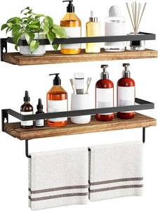 lot 18335 image: AMADA HOMEFURNISHING Bathroom Shelves with Towel Bar, Floating Shelves, Wall Shelves for BathroomLiving RoomKitchenBedroom, Rustic Brown, Set of 2 - AMFS01BN