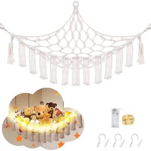 lot 18363 image: CERETIA Stuffed Animal Hammock with LED Light, Large Stuffed Animals Storage Corner Plushie Net for Kids Room Decor, White