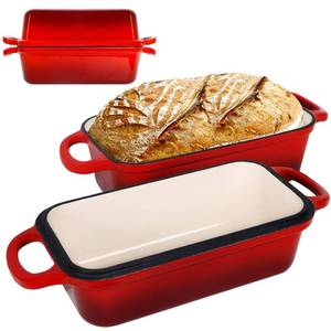 lot 19555 image: FUNKYLEE Enameled Cast Iron Bread Pan with Lid, 2-in-1 Loaf Pan for Baking Bread 8.5x4.5, Professional Sourdough Bread Pan for Homemade Bread, Set of 2, Red