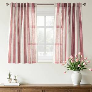 lot 19557 image: DriftAway Farmhouse Curtains for Living Room Vertical Striped Linen Curtains Semi Sheer Light Filtering Back Tab Rod Pocket Window Treatments, 84 Inches Long, 2 Panels, Red on Beige