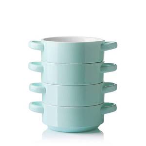 lot 19569 image: Sweejar Ceramic Soup Bowls with Double Handles, 20 Oz Stacked Bowls for French Onion Soup, Cereal, Pot Pies, Stew, Chill, Pasta, Set of 4(Dark Turquoise)