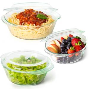 lot 19572 image: Moss and Stone 6-Piece Clear Glass Casserole Dishes for Oven With Lids, Durable Tempered Borosilicate Glass Bakeware Set, Microwave Safe, 3 Round Sizes for Cooking, Serving and Storage