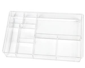 lot 19582 image: ZEXALOR 8-Section Clear Drawer Organizer, Large Acrylic Drawer Divider Tray for Desk,Bathroom,Office Makeup,Junk, Plastic Drawers Organizer 13.7in x 8.7in x 2in (8-Section)