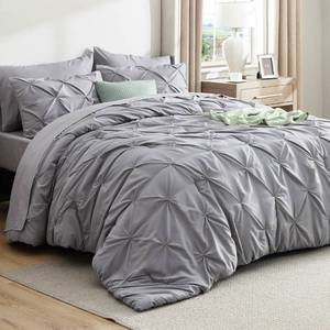 lot 19600 image: Bedsure Oversized King Comforter Set Grey - Bed in a Bag Bedding Set 7 Pieces, GentleSoft Pintuck Bed Set Gift for Family, Pinch Pleat Grey Comforter with Sheets, Pillowcases and Shams