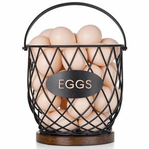 lot 19609 image: Banawey Chicken Egg Basket for Gathering Fresh Eggs with Metal Handle, Wire Egg Collecting Basket with Wooden Base, Round Egg Holder Countertop, Vintage Rustic Farmhouse Kitchen Decor Fruit Storage