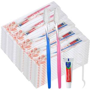 lot 19615 image: FoldTier 200 Sets Disposable Toothbrushes with Toothpaste and Floss Bulk Individually Wrapped 10g Toothpaste Homeless Hygiene Kit Bulk Homeless Care Package Supply for Travel Shelter (Light Blue Pink)