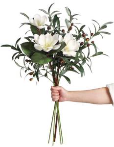 lot 20016 image: ICBOX White Silk Magnolia Flowers with Olive Branches for Vases Real Touch White Flower Combo Artificial Olive Branches 30in Long Stem Artificial Flowers for Tall Vase Home Decor Indoor (White)