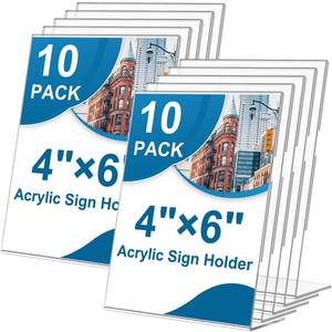 lot 20024 image: 10 Pack Acrylic Sign Holder 4 x 6, L-Shape Clear Plastic Display Stand for Tabletop, Acrylic Stands for Flyers, Table Paper Holder, Vertical Sign Holder 4x6 for Restaurants, Office and School (Slant 10 Pack 4x6)(6 pack)
