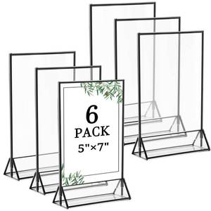 lot 20043 image: Floroom 6 Pack 5x7 Inch Clear Acrylic Sign Holders, Double-Sided Black Display Stand Picture Frames for Table Numbers, Menus, Flyers, Weddings, and Offices
