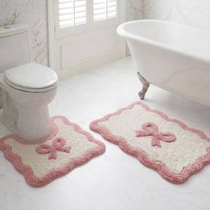 lot 20048 image: BOKUI Coquette Bath Mat Set - 2pcs Soft and Absorbent Microfiber Bath Rugs, Non-Slip TPR Backing, Washable Bathroom Mats with Cute Bow Design, for Bathroom, Shower, Tub, and Sink - Pink