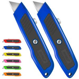 lot 20469 image: DIYSELF 2 Pack Box Cutter, Heavy Duty Utility Knife for Construction, Carpet, Cardboard, Retractable Aluminum Box Knife, Razor Blade Opener (Blue)