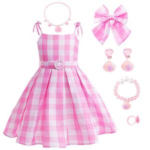lot 20472 image: Uivic Pink Costume for Girls, Doll Movie Cosplay Outfit Pink White Gingham Dress for Kids Party Birthday Dress Up (Pink1 with accessories, 5Years-6Years)