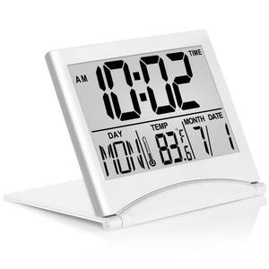 lot 20478 image: Betus Digital Travel Alarm Clock - Foldable Calendar Temperature Timer LCD Clock with Snooze Mode - Large Number Display, Battery Operated - Compact Desk Clock(Silver, No Backlight) (Minor cosmetic damage)