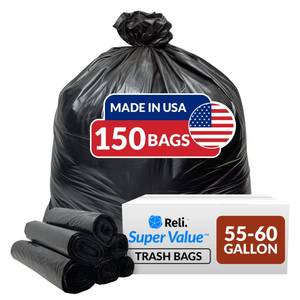 lot 1155 image: Reli. 55-60 Gallon Trash Bags Heavy Duty  150 Count  50-60 Gallon  Large Black Garbage Bags  Made in USA